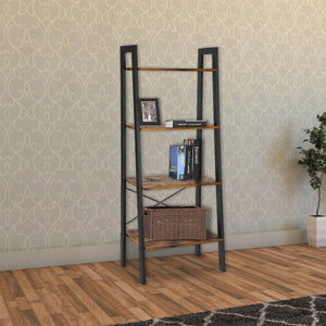 Benzara 4 Tiered Rustic Wooden Ladder Shelf With Iron Framework