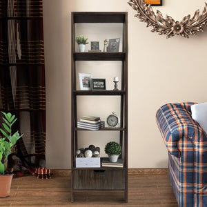 Benzara 4 Shelf Wooden Ladder Bookcase With Bottom Drawer, Distressed Brown